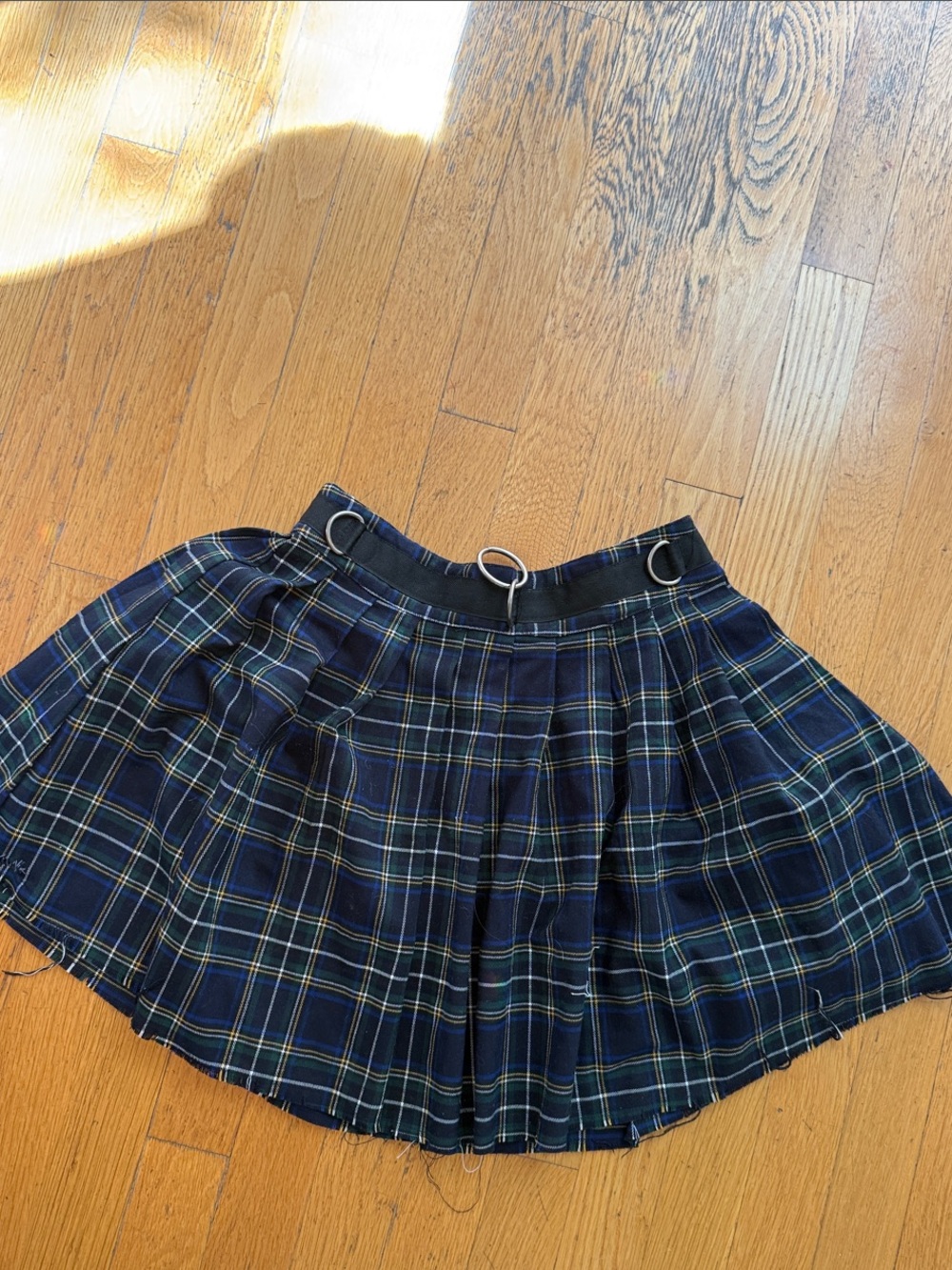 Current Mood Navy Plaid Pleated Mini Skirt with Ring Waist Detail
